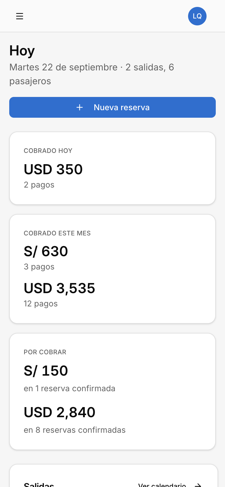 AgendaTur en el celular: la pantalla Hoy con lo cobrado y lo que falta cobrar.
